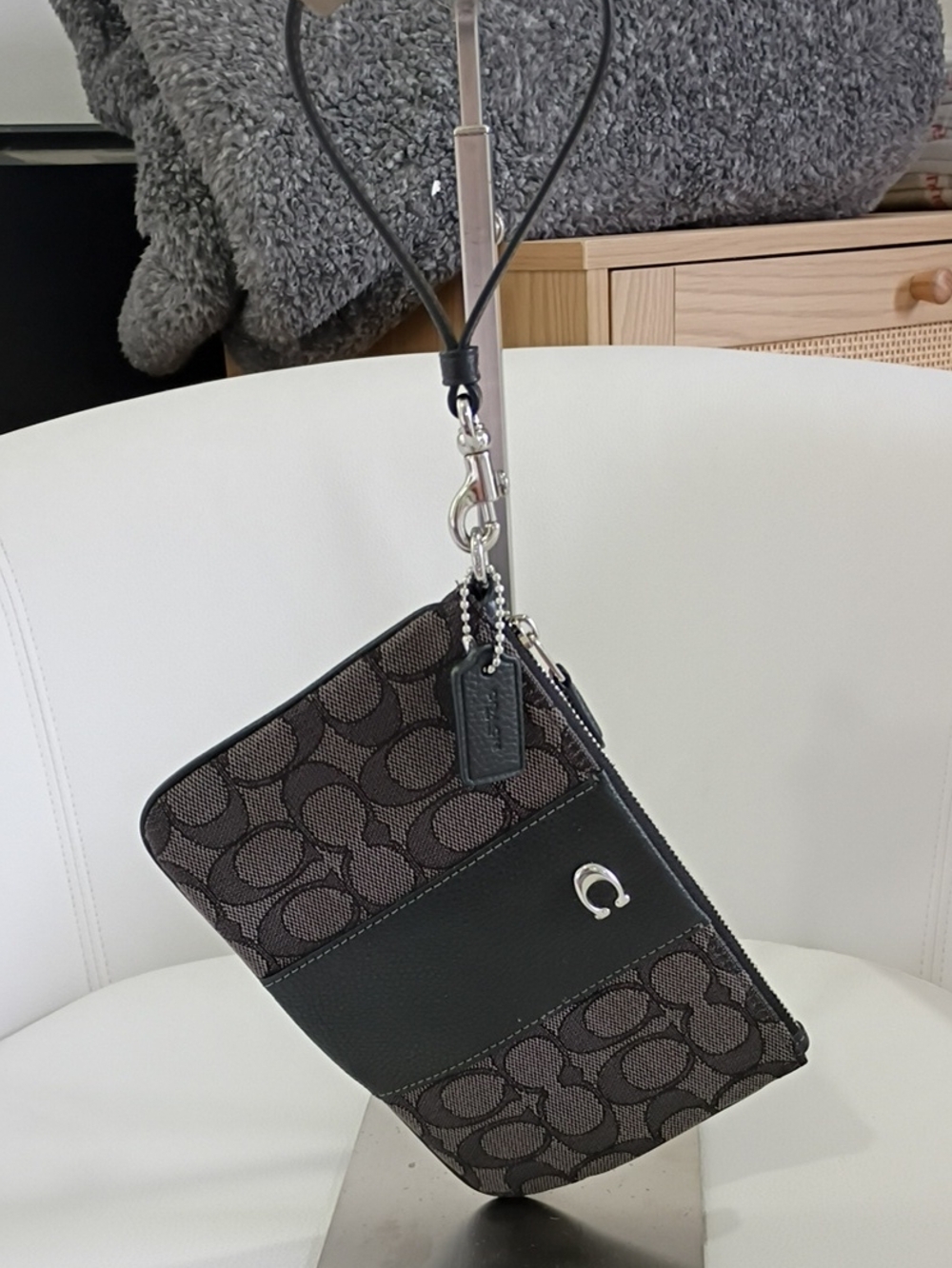Coach Black and Brown Signature Jacquard Canvas Wristlet With Leather Trim